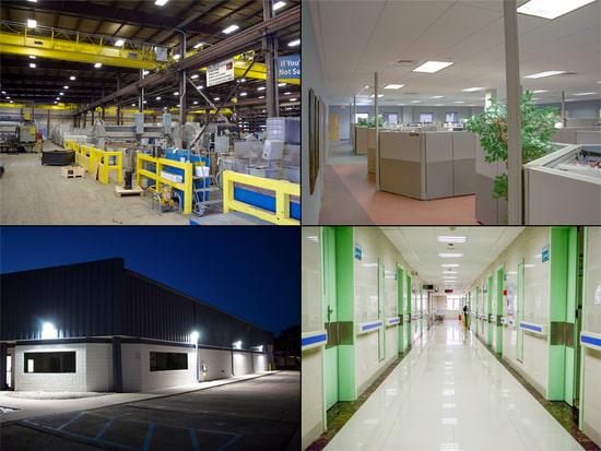 Lighting in a variety of workplace settings including an office, warehouse, hospital, and commercial building exterior. These are examples of areas that may have OSHA lighting requirements for a safe work environment.
