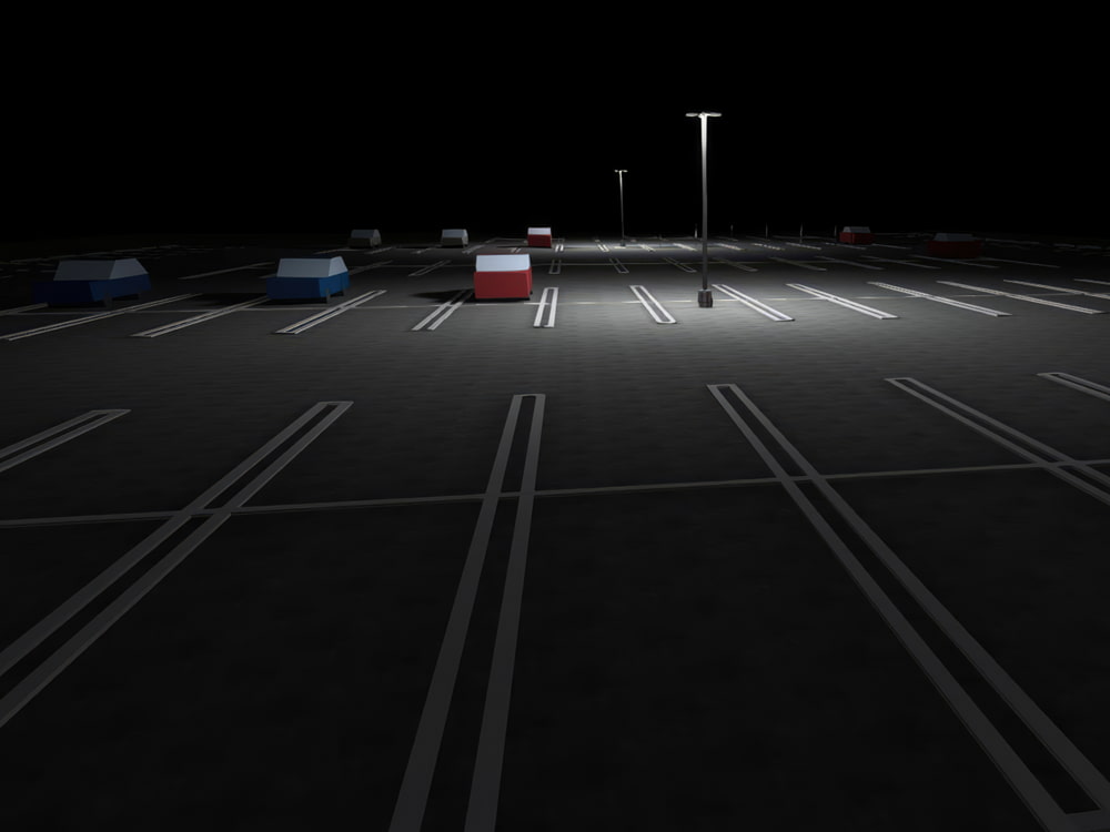 3D rendering of parking lot lighting showing a series of poles illuminating a lot.