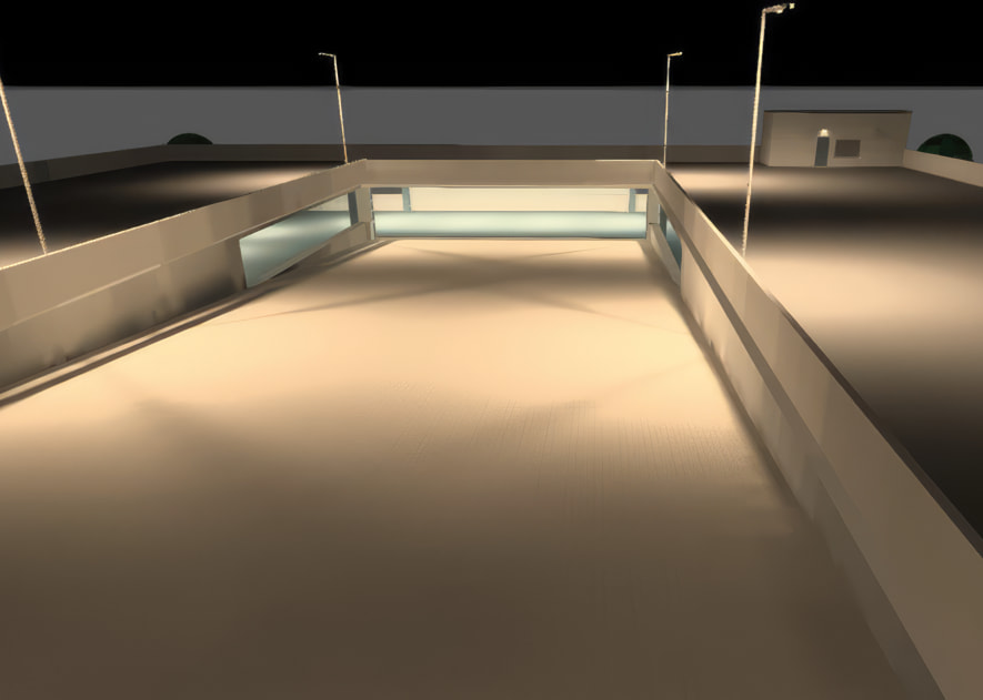 3D model of a parking structure showing the top floor at night