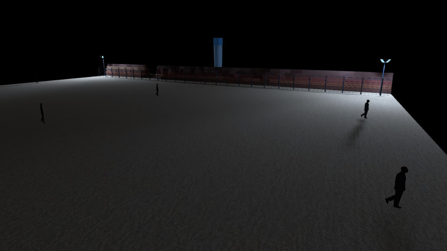 Photometric rendering of an outdoor Perimeter being lit by flood lights
