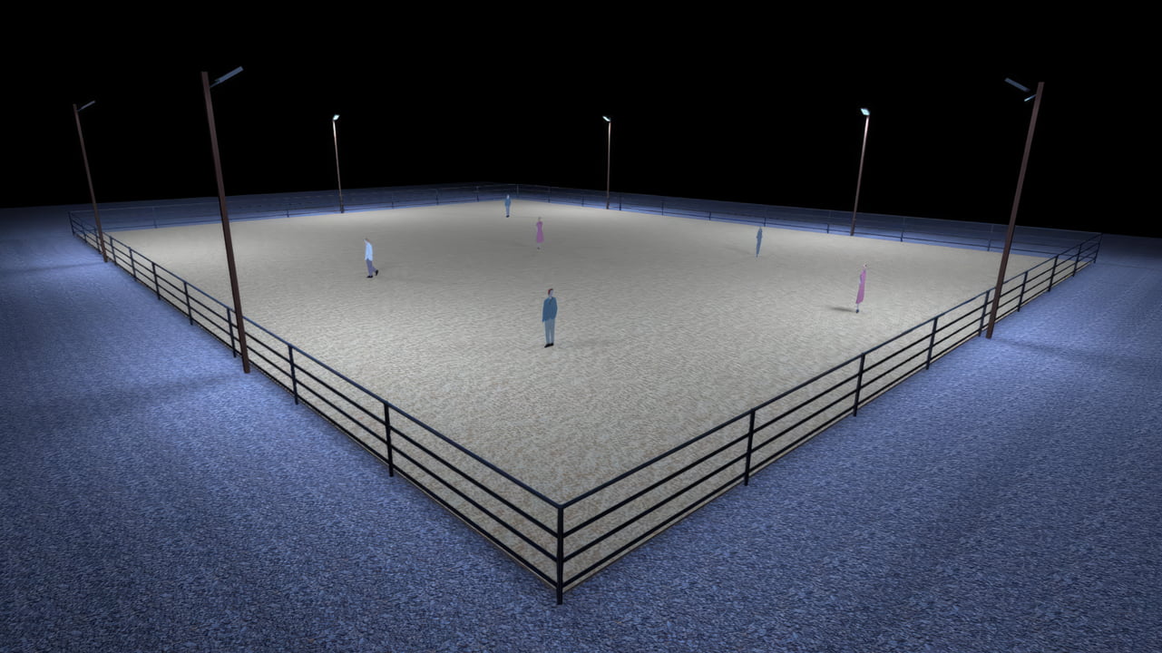 Horse arena lighting 3D rendering design showing 6 LED flood lights mounted at 30ft height
