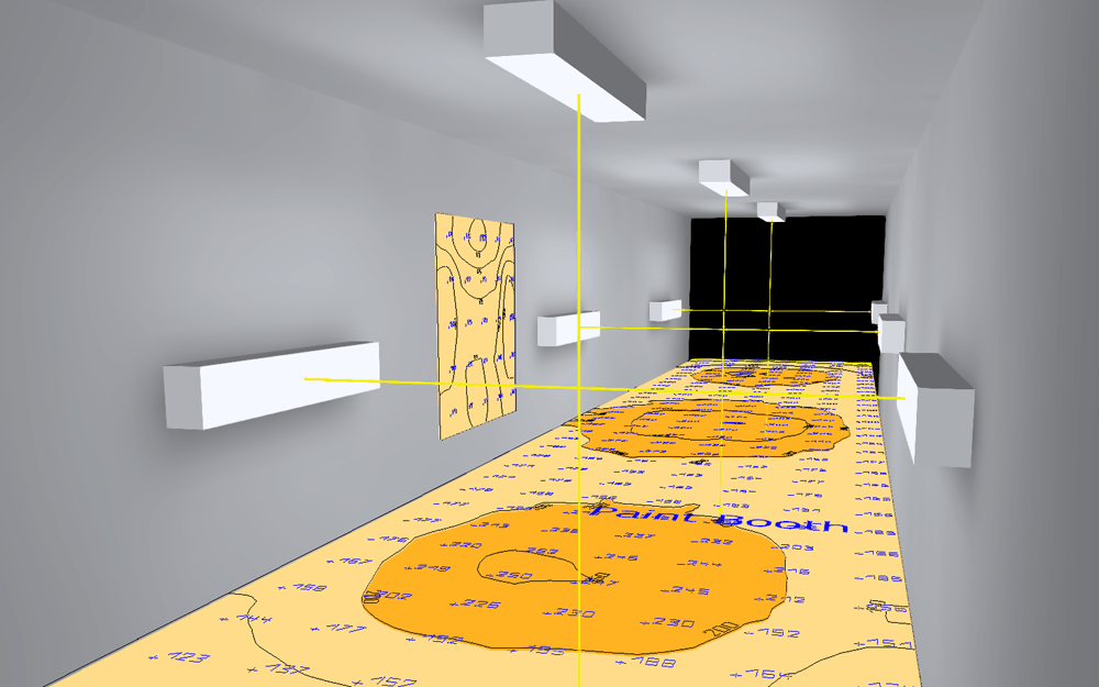 Tunnel view of a 3D rendered photometric lighting plan of a 8x40x9 paint booth with 9 60 watt LED explosion proof linear vapor proof lights on the walls and ceilings. This plan shows floor illumination with 186 average foot candles.