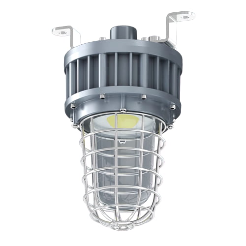 Explosion proof LED jelly jar light with a metal casing around the bulb to ensure protection in hazardous locations.