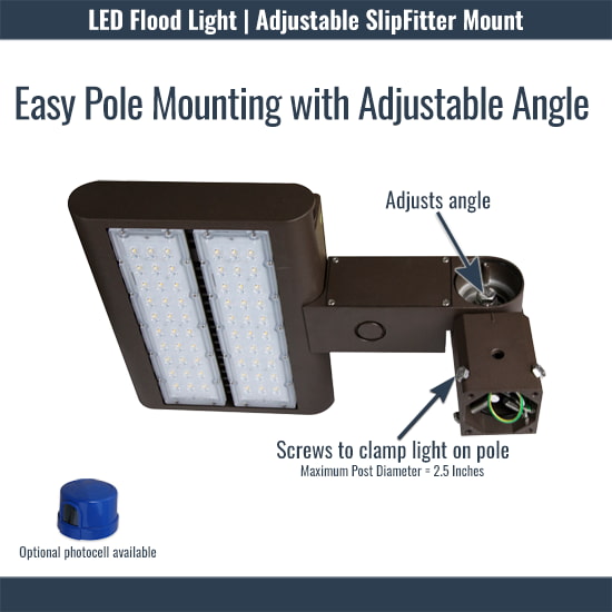 Diagram showing an LED flood light with an adjustable slipfitter that mounts to parking lot poles and security posts. The diagram illustrates how to use the side bolt to adjust fixture angle as well as the bottom screws for pole mounting.