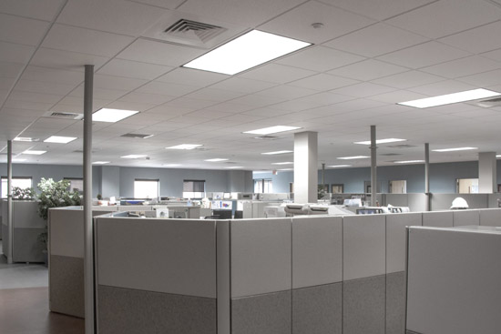 A well lit office space after being renovated with LED lights