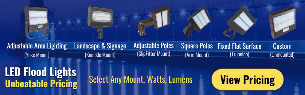 LED flood lights with all available mounting options such as adjustable yoke mount, knuckle mount for landscape and signage, and arm mounts for square parking poles.