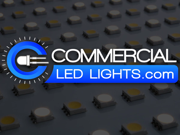 Commercial LED Lights logo over a background of an LED chip board