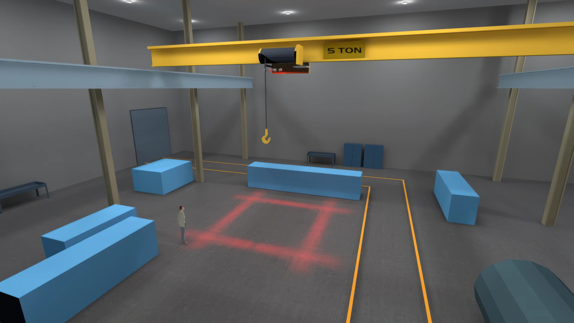 3D Photometric drawing of an overhead crane using Straits LED crane lights to project a red safety box around the hook to warn pedestrians.