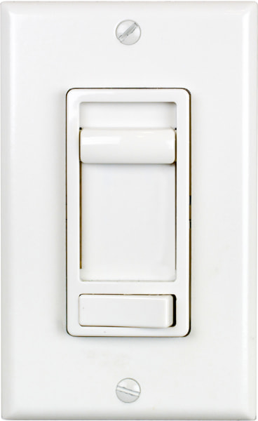 Dimmer light switch on a wall that you can slide up and down to adjust the brightness and toggle on and off with a toggle switch below the dimmer