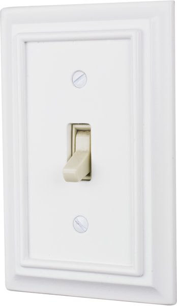 Standard single-pole light switch on a wall that you can flip to turn lights on and off