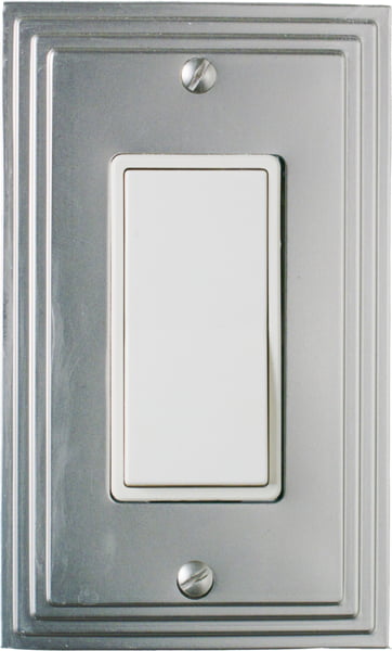 Single pole rocker light switch mounted on a wall that you can toggle up and down to turn lights on and off