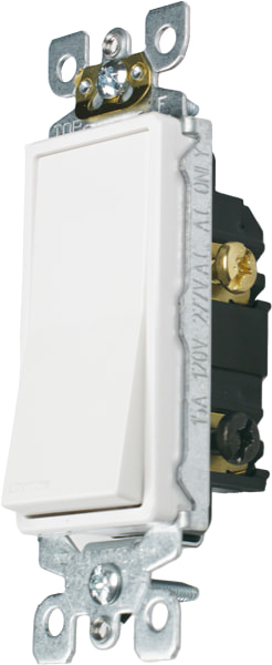 Triple light switch with a rocker panel that you can toggle up and down or simply press to control different functions of lighting in a given room