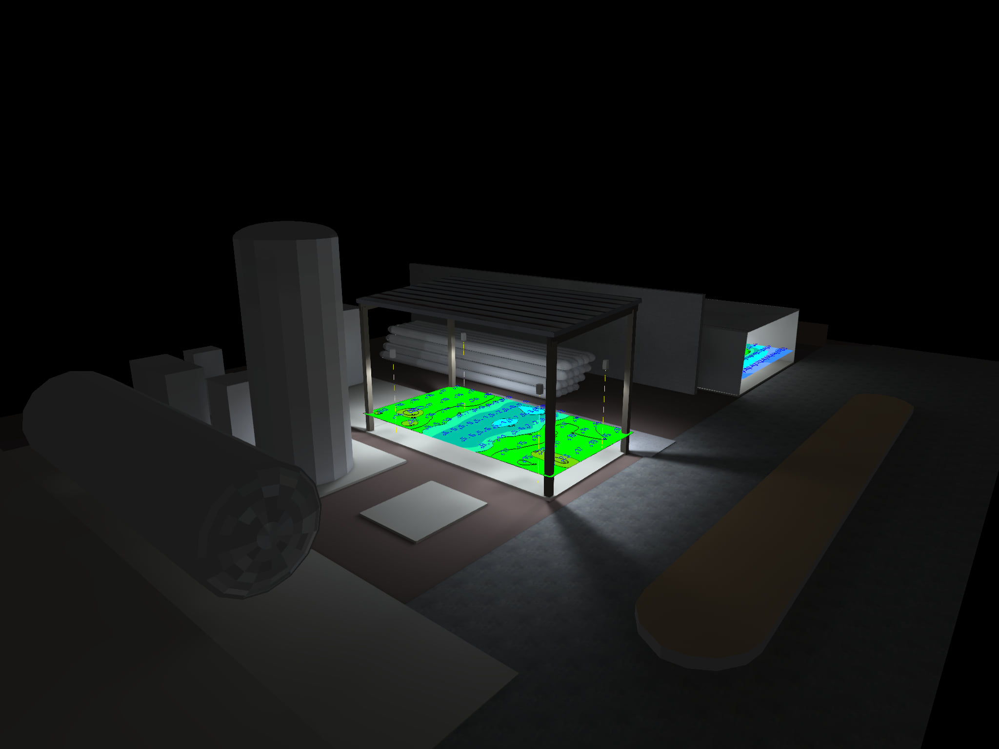 3D model of a propane filling station with a heatmap of light under a canopy