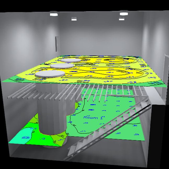 3D model layout photometric false color of a chemical plant with 4 explosion proof lights