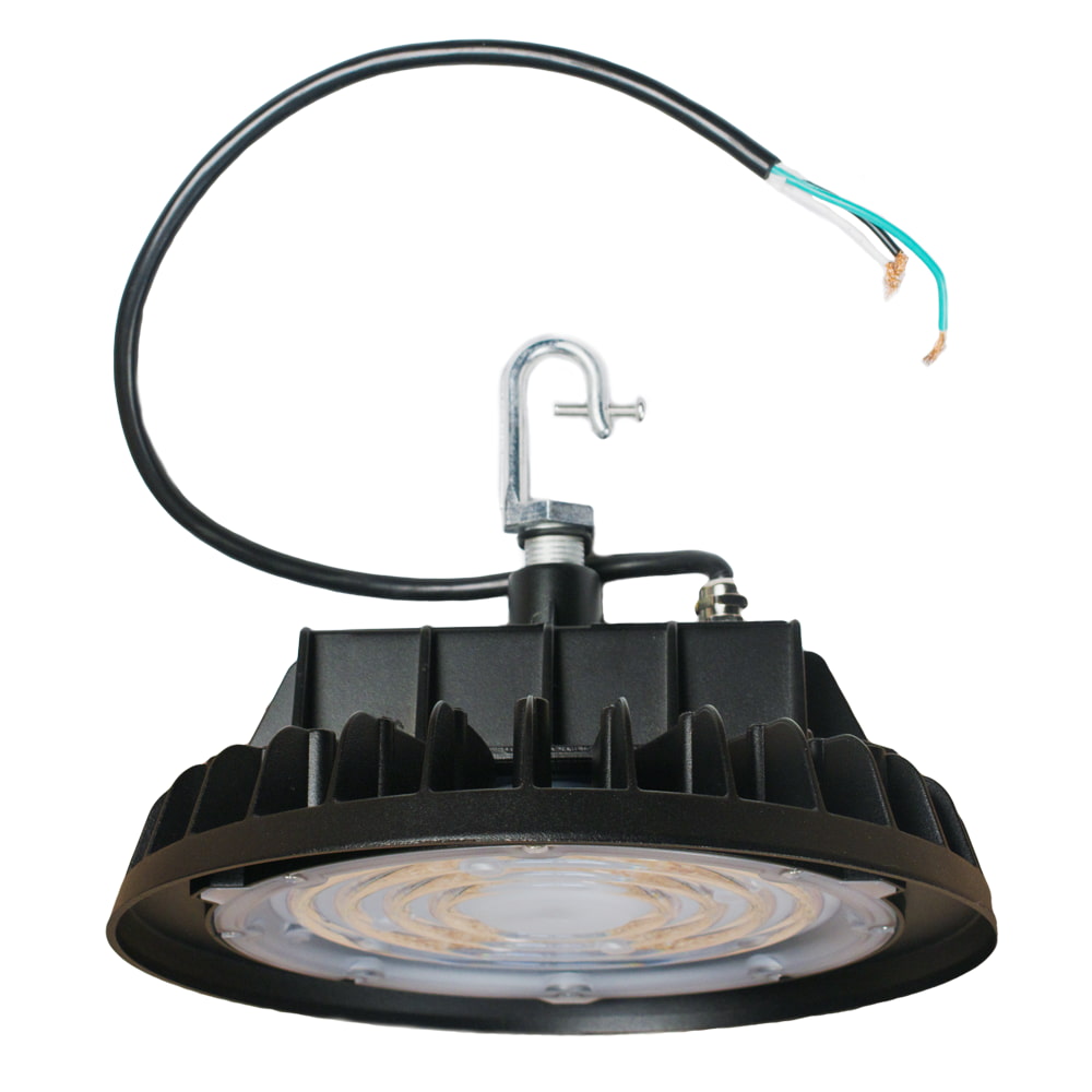 Round shaped LED UFO high bay light used in high warehouse ceilings with an attached cord