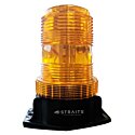 An orange lens forklift strobe safety light is shown upright with its mounting base