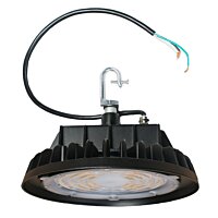 100 Watt round shaped LED high bay light with a hook mount on top and a cord for wiring the fixture
