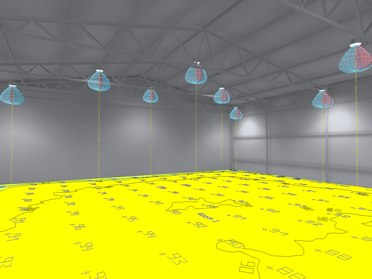 3D model of UFO high bay lights illuminating a hangar from a 22 foot ceiling at 112 foot candles of illumination