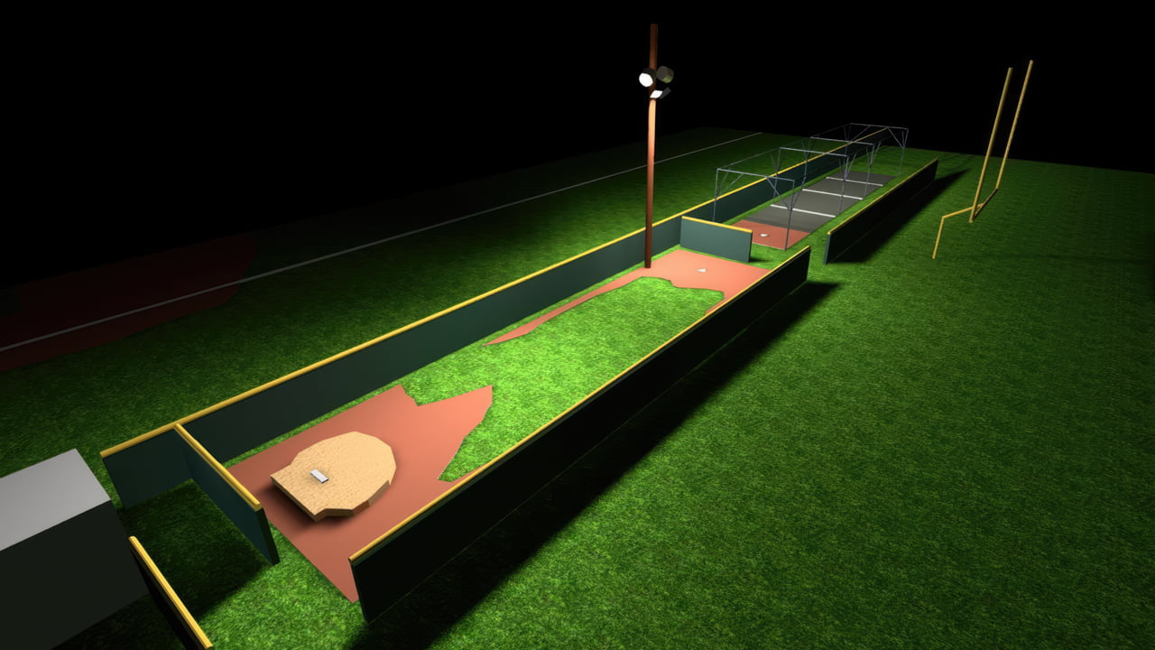 3D model of a batting pitching cage lighting design showing two 505 watt LED sports lights mounted 29 ft high.