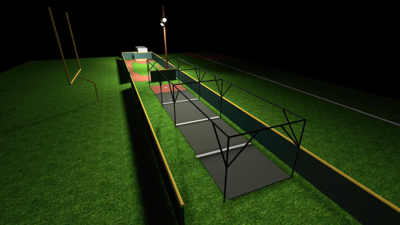 3D model of a batting pitching cage lighting design showing two 400 watt LED area flood lights mounted 26 ft high.