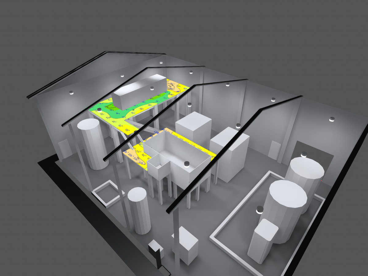 3D lighting layout of the second floor of a water treatment plant showing the footcandles of 150 Watt LED UFO high bay lights illuminating the area.