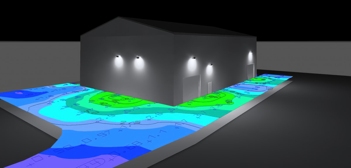 3D lighting layout of the exterior of a wastewater treatment plant showing LED wall pack lights illuminating the baydoor, processing area, and walkin door area.