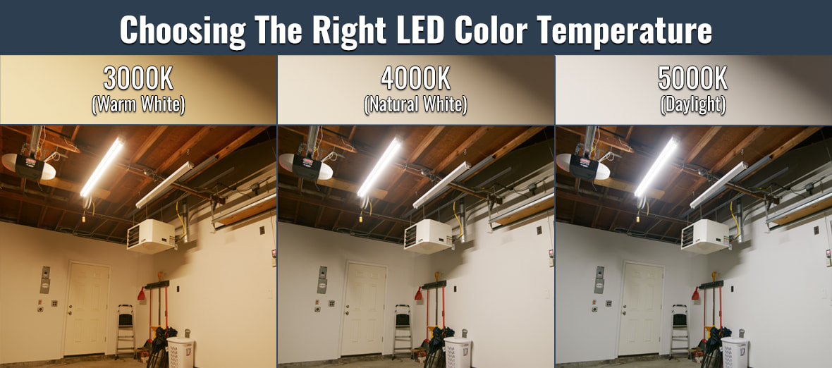 LED tube color temperatures showing 3000K warm white, 4000K natural white, 5000K daylight