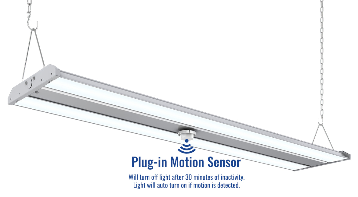Linear High Bay on a chain showcasing a motion sensor in the middle of the fixture