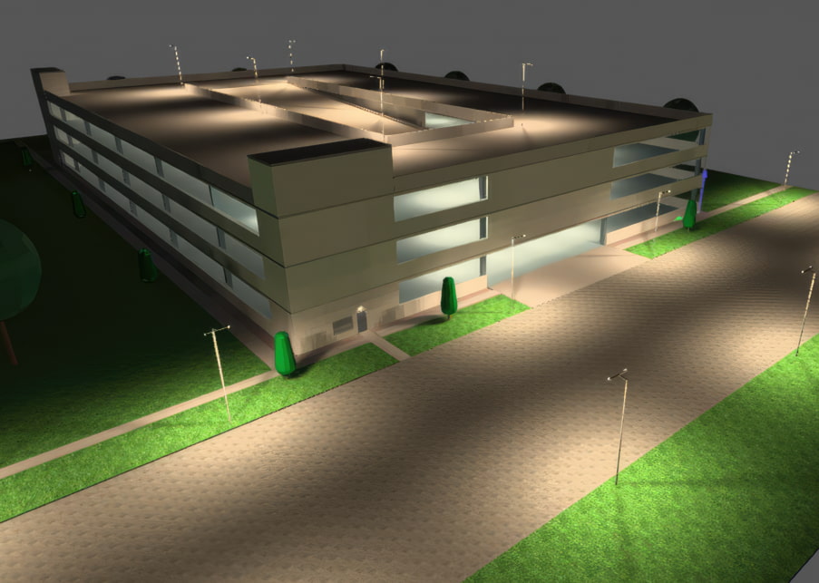 3D render of an exterior of a parking garage at night