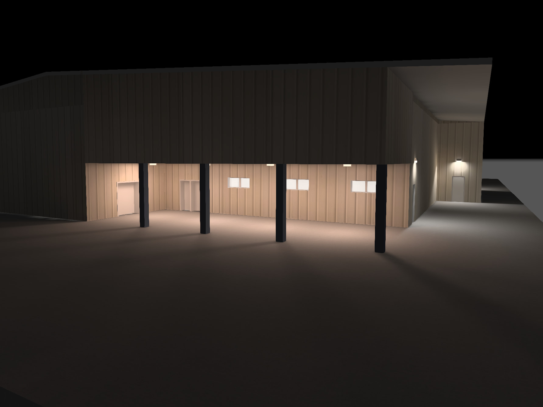 3D lighting design of 4 LED canopy lights illuminating a commercial patio