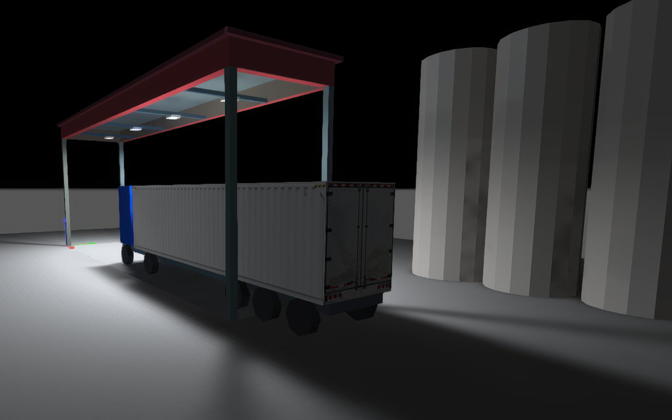 A 3D view of a big rig fueling station at night time with lights illuminating the station