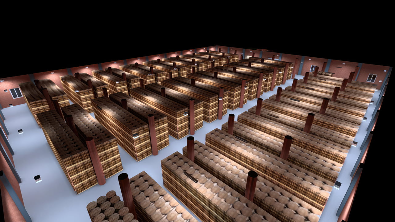 3D photometric lighting layout of a whisky distillery barrel room using x LED explosion proof lights to illuminate the area