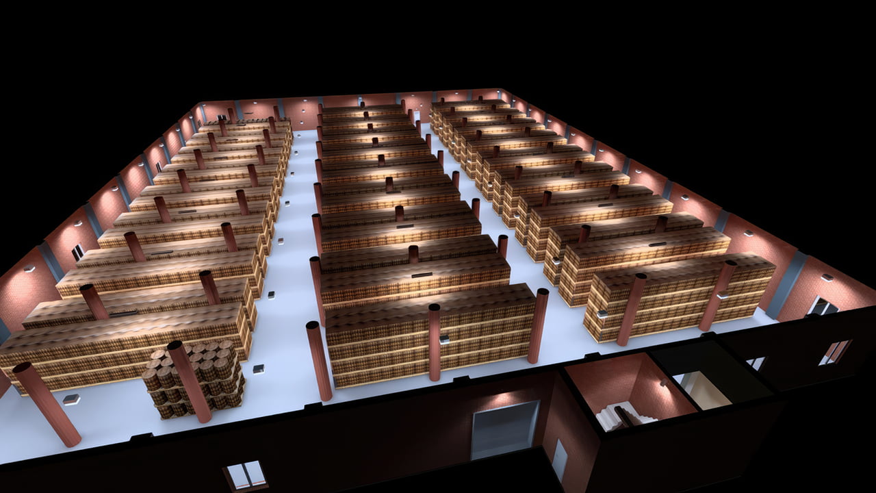 2nd angle of a 3D photometric lighting layout of a whisky distillery barrel room using x LED explosion proof lights to illuminate the area