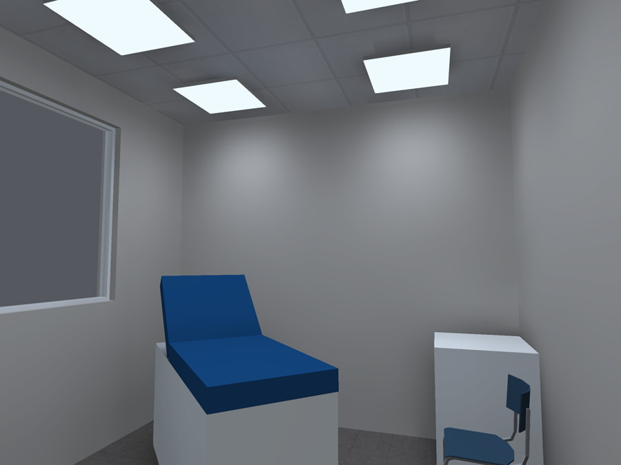 3D rendering of LED panel lights illuminating an exam room inside a healthcare facility