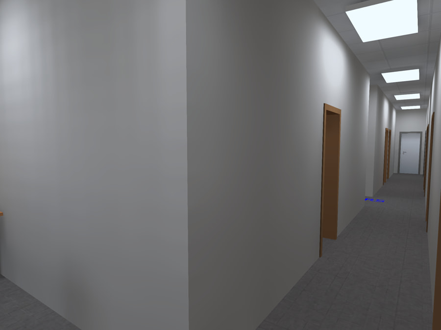 3D rendering of LED panel lights illuminating a hallway inside a healthcare facility.