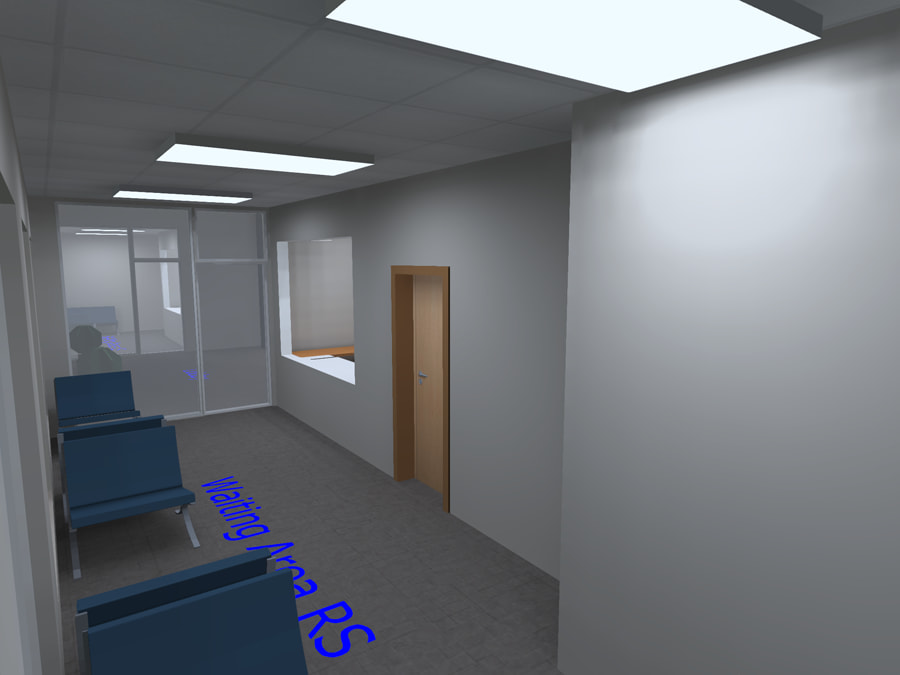 3D rendering of LED panel lights illuminating a waiting room inside a healthcare facility
