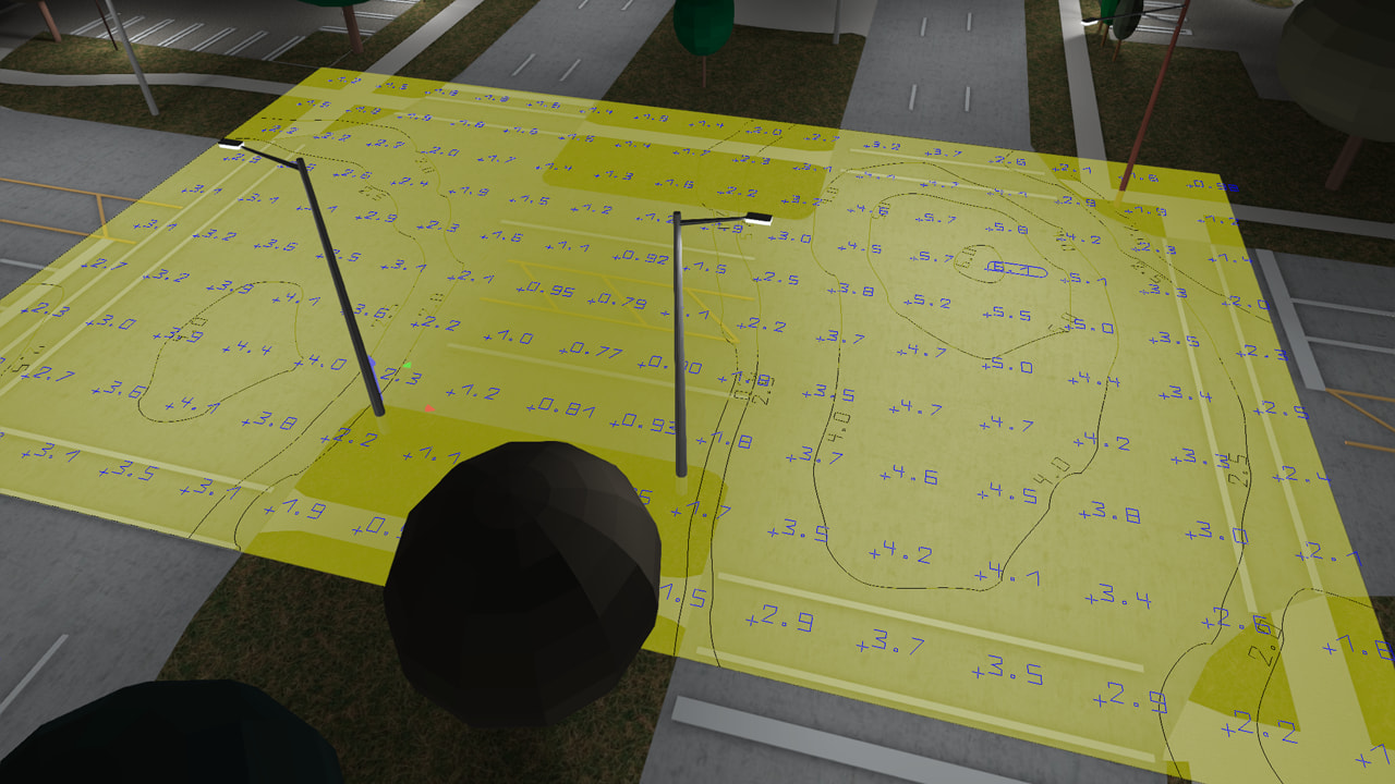 3D rendering design of LED street lights with numbers next to them representing foot candles ranging from 1 to 3