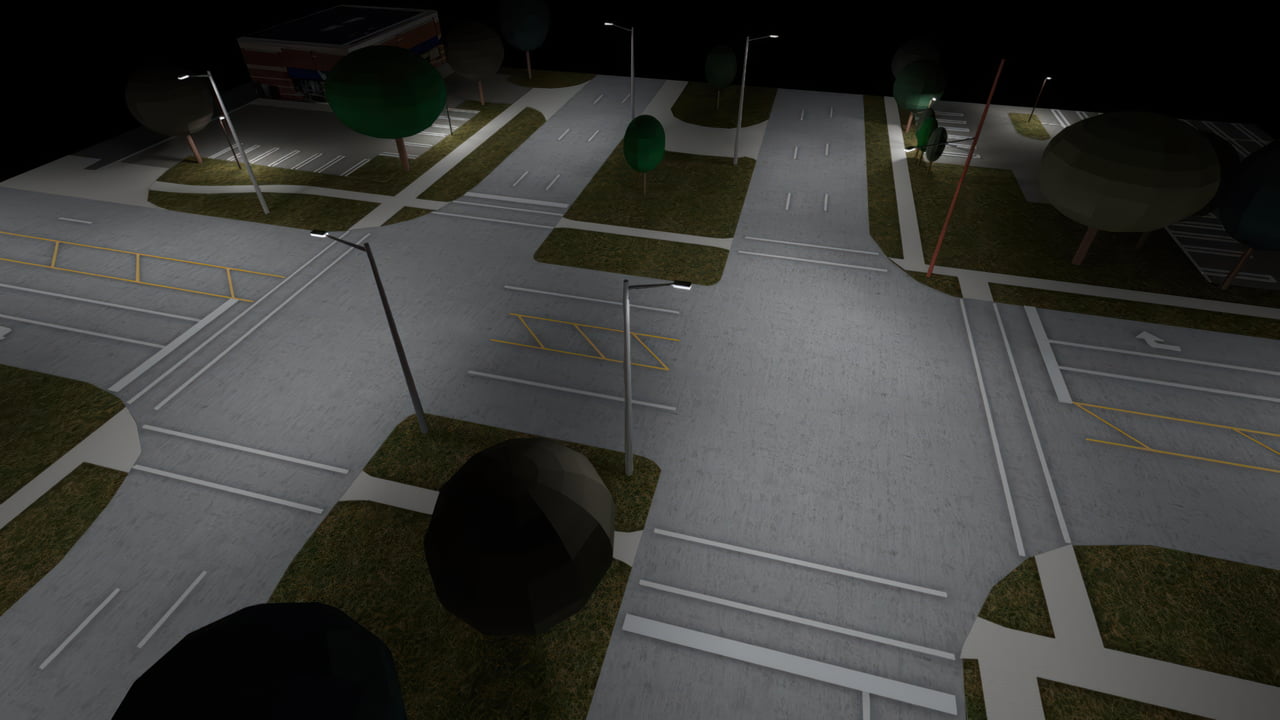 3D Rendering design of 10 LED street lights illuminating a roadway intersection
