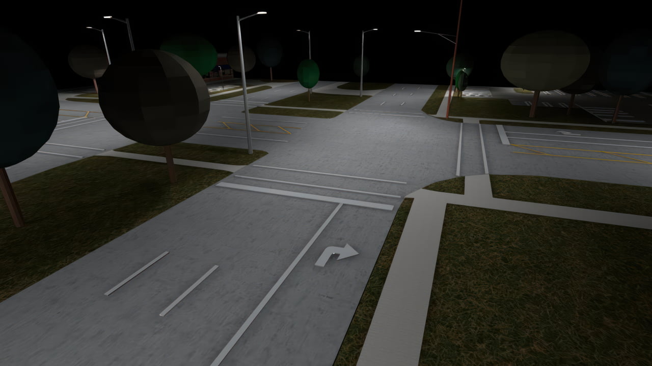 3D rendering design showing LED street lights at the ground level illuminating a roadway intersection.