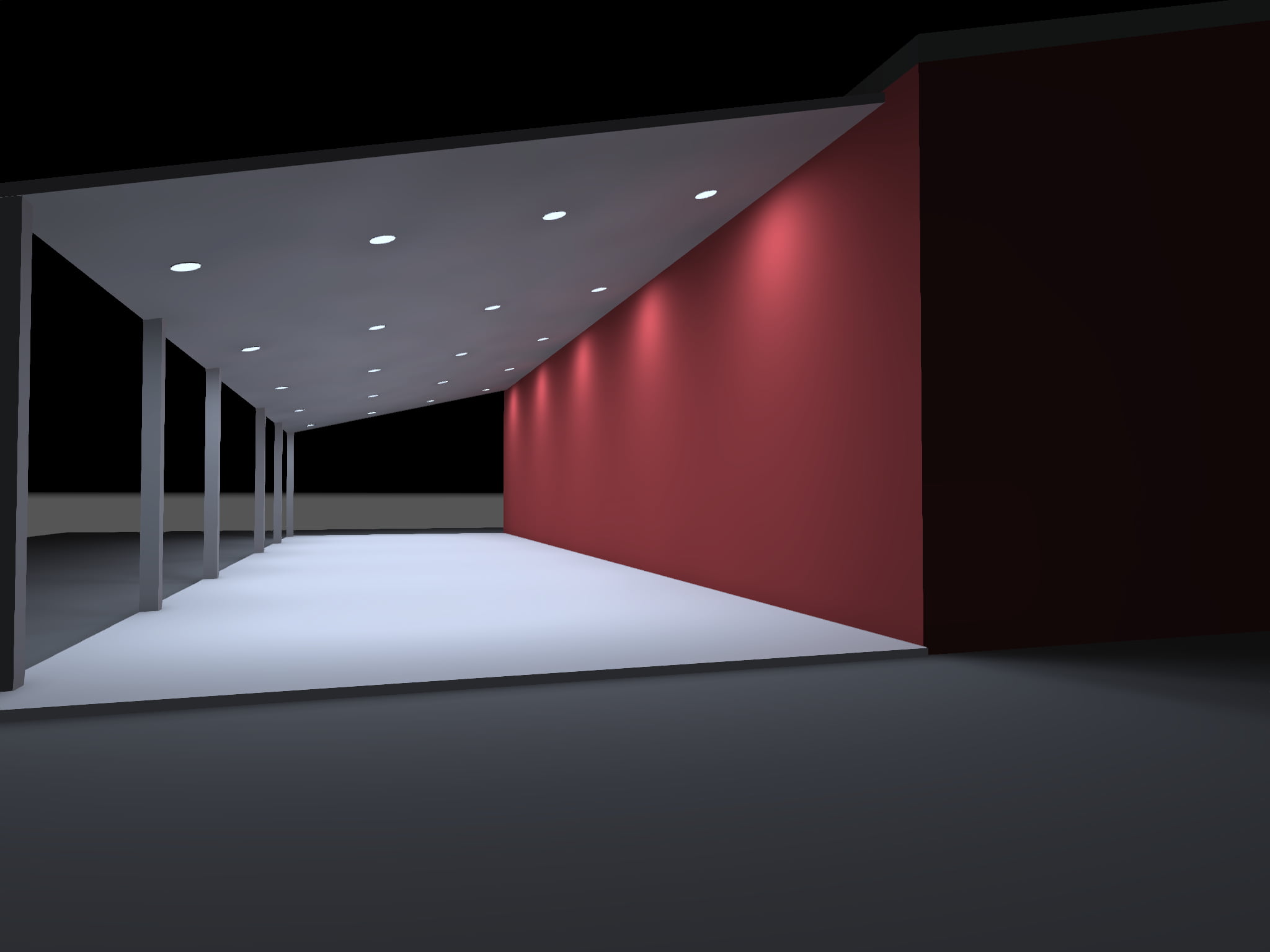 3D design of 20 8 inch recessed downlights illuminating the area beneath a commercial canopy
