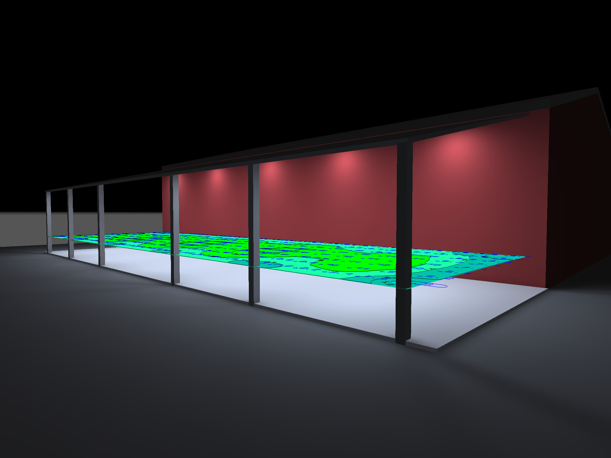 3D design of 20 8 inch recessed downlights illuminating the area beneath a commercial canopy with footcandle ratings and false color