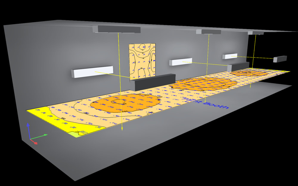 Side view of a 3D rendered photometric lighting plan showing a 8x40x9 paint booth with 9 60 watt LED explosion proof linear vapor proof lights on the walls and ceilings