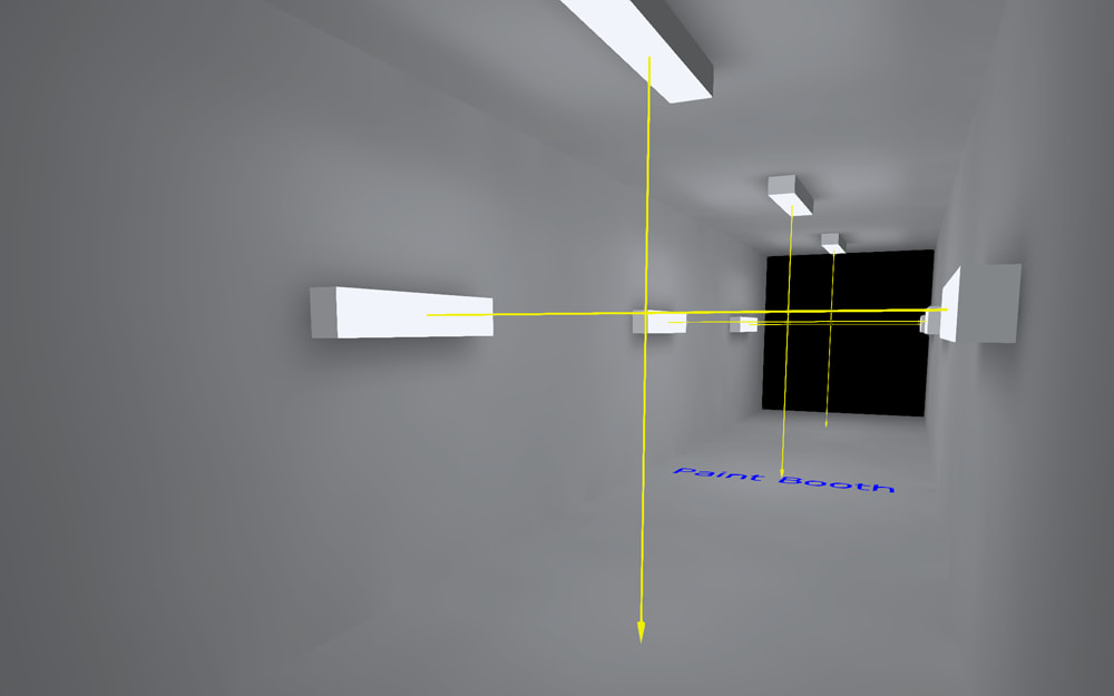 Tunnel view of a 3D rendered photometric lighting plan showing a  8x40x9 paint booth with 9 60 watt LED explosion proof linear vapor proof lights on the walls and ceilings.