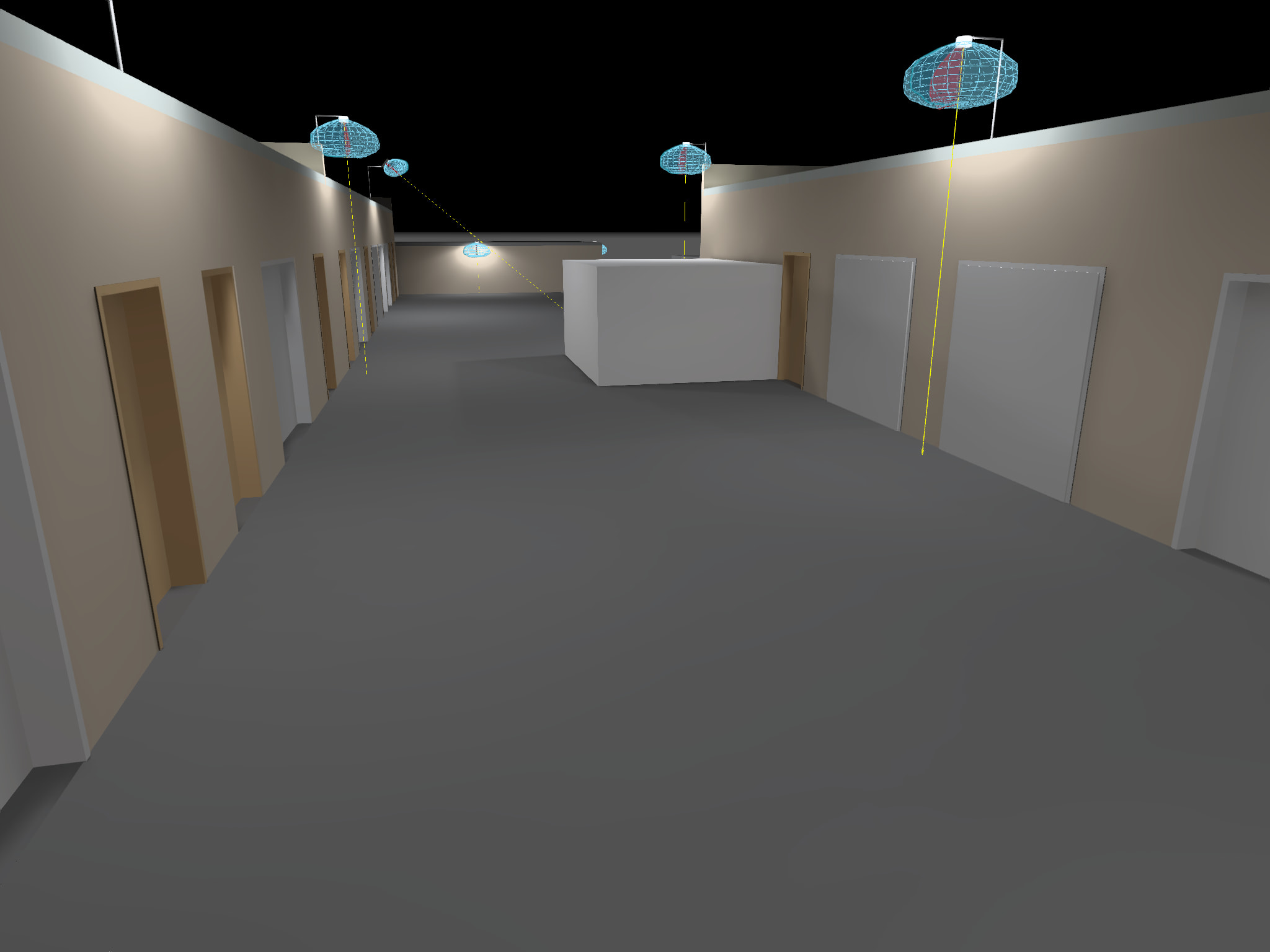 3D model of LED area lights illuminating the storage area of a self storage facility