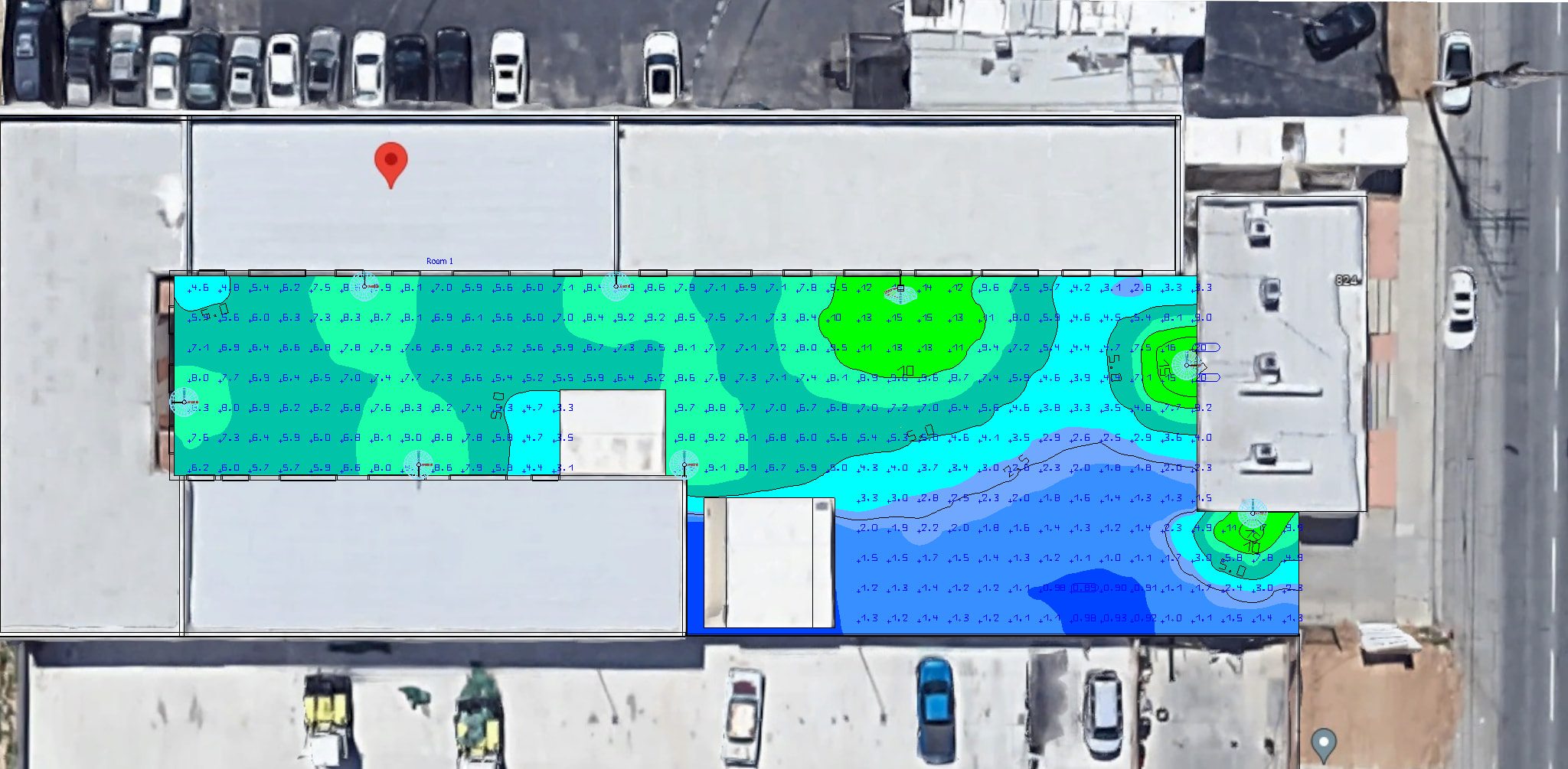 3D model showing a overhead view of LED area lights illuminating an outside storage facility