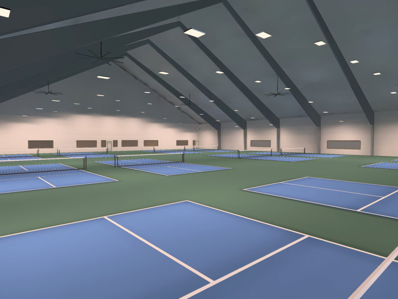 3D rendering of an indoor pickleball court being illuminated by 54 320 watt LED linear high bay lights