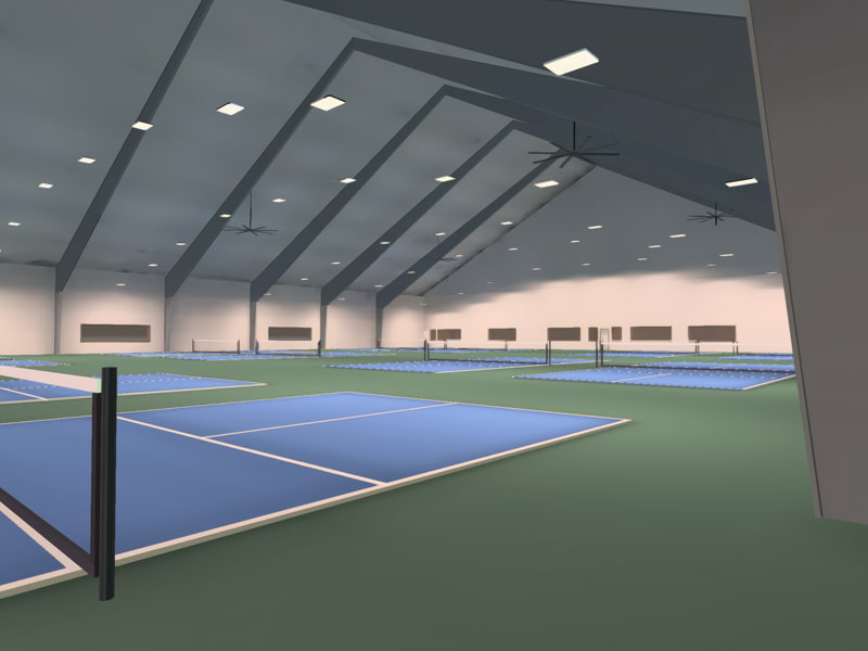 A second 3D rendering of an indoor pickleball court being illuminated by 54 320 watt LED linear high bay lights