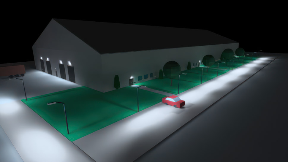 3D render of building and parking lot at night with lights