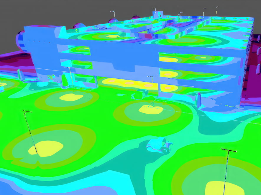 Photometric view of an outdoor parking garage, showing a heatmap of the footcandles of light
