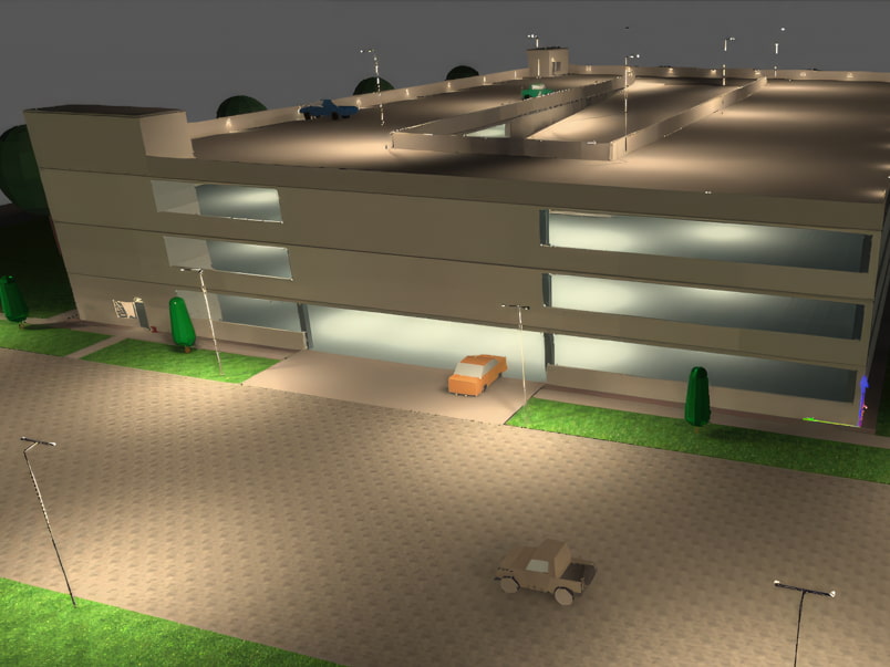 3D render of a parking garage and the surrounding area, showing the illumination
